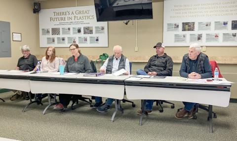 The Ross Lake Improvement Board is all present and accounted for at its meeting Monday night with (left to right) Dave Edwards, Karen Moore, Colleen Reader, Alan Bornick, Jared Carpenter and Terry Walters seated at the head table.