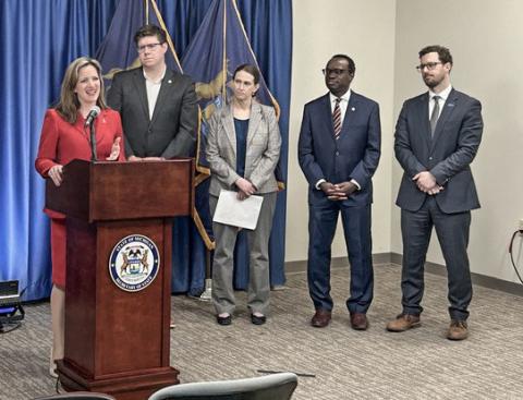 Secretary Benson spoke against the federal SAVE Act, which if enacted would block millions of Americans from exercising their constitutional right to cast a ballot. Pictured from left: Secretary Benson, Michigan Rep. Stephen Wooden (D), Melanie Macey, policy counsel with Promote the Vote, Deputy Secretary of State Aghogho Edevbie, and Kyle Zawacki, legislative director of the American Civil Liberties Union (ACLU) of Michigan.