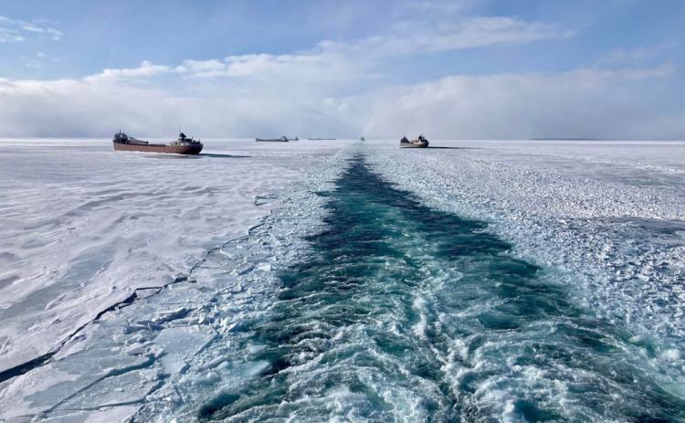 Ships iced in at Whitefish Bay on Lake Superior in March 2022. PHOTO PROVIDED BY LAKE CARRIERS’ ASSOCIATION