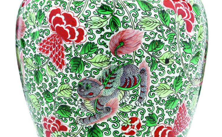 There’s no doubt that a vase like this one belongs to the famille verte, or “green family” of Chinese porcelain. Spring peonies and foo dogs are popular symbols. LELAND LITTLE
