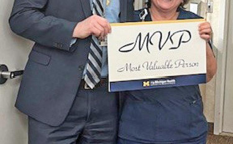 Joan Vogel, R.N., medical/ surgical and outpatient infusion nurse at MyMichigan Medical Center Gladwin, was named the 2023 most valuable person (MVP) for the Medical Center. Vogel has been a member of the MyMichigan family since 1985. Vogel received the award in a surprise presentation where she was joined by her 12 siblings from across the United States, as well as two children and two grandchildren.