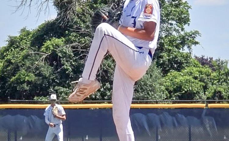 Robby Mularz delivers a pitch for the Post 239 American Legion baseball team in the championship game of the SVSU Classic Sunday.