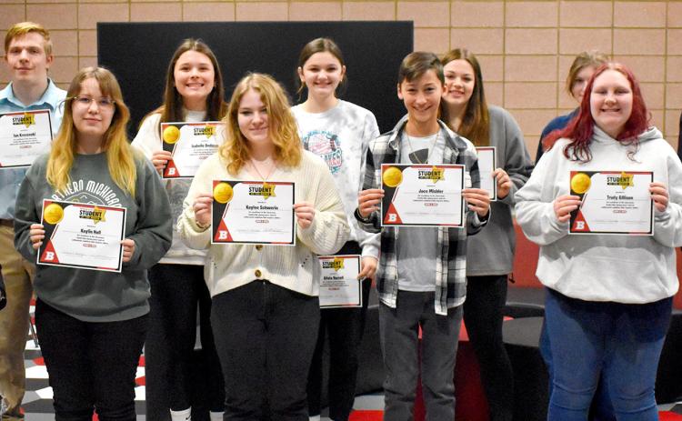 BJSHS Students of the Month for March are, pictured left to right: Macie Minaudo, Ian Krezenski, Kaylin Noll, Isabelle Dodman, Kaylee Schwerin, Alivia Harrell, Jace Mishler, Kayla Newman, Lillyan Herren-Howard, Trudy Alllison and Cameron Drawe. Not pictured are Odin Zadonia and Libby McKimmy.