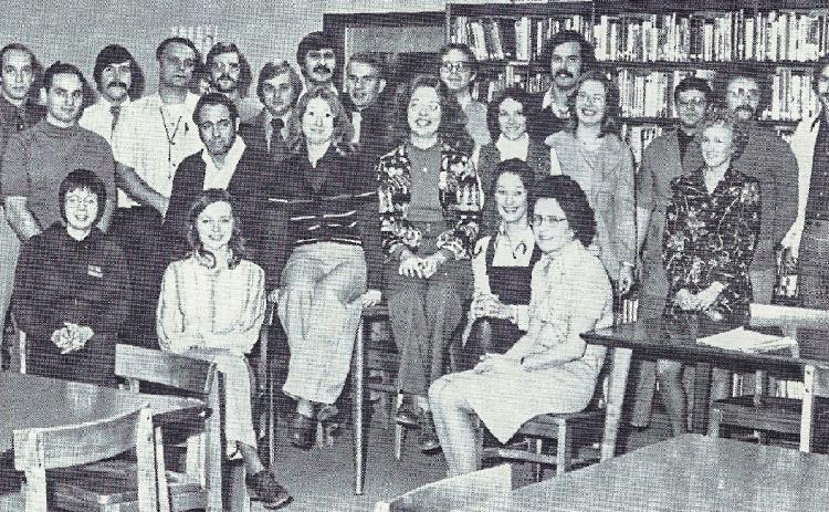 Seated, left to right: Miss Sherrod, Miss Mueller, Mr. Matteson, Miss Marshall, Miss Case, Miss Gaede, Mrs. Macklem. Standing: Mr. Sanderlin, Mr. Wilsie, Mr. Southworth, Mr. VanWeiren, Mr. Wilson, Mr. Manninen, Mr. Chaffin, Mr. Merkle, Mr. Lutz, Mrs. McGinnis, Mr. Locey, Miss Stackowitz, Mr. Porter, Mrs. Wilke, Mr. King, Mr. Kesling. Not available for photo – Mr. Randle and Mrs. Spalding.
