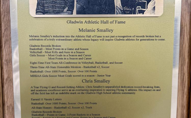 Here is a shot of the plaque honoring recent Gladwin Hall of Fame inductees Chris, Kevin and Melanie Smalley.