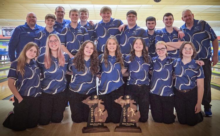 Pictured is the Gladwin High School Bowling Team, front row: Payton Sanders, Josie Pollock, Brittany Crawford, Alexis Farrow, Angelica Corlew, Ryleigh Sanders, and Madeline Crawford; back row: Coach Crawford, Noah Raymond, Coach Vantiem, Hunter Davy, Carson Hindman, Jaden Willis, Riley Banfield, Dylan Moore, Wade Roehrs, and Coach Hager.
