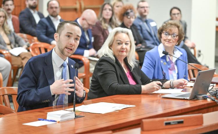 Pictured from left to right: State Reps. Bill G. Schuette, Kathy Schmaltz and Nancy DeBoer offer testimony on their plans to provide relief for Michigan families before the House Economic Competitiveness Committee on Thursday, March 20.