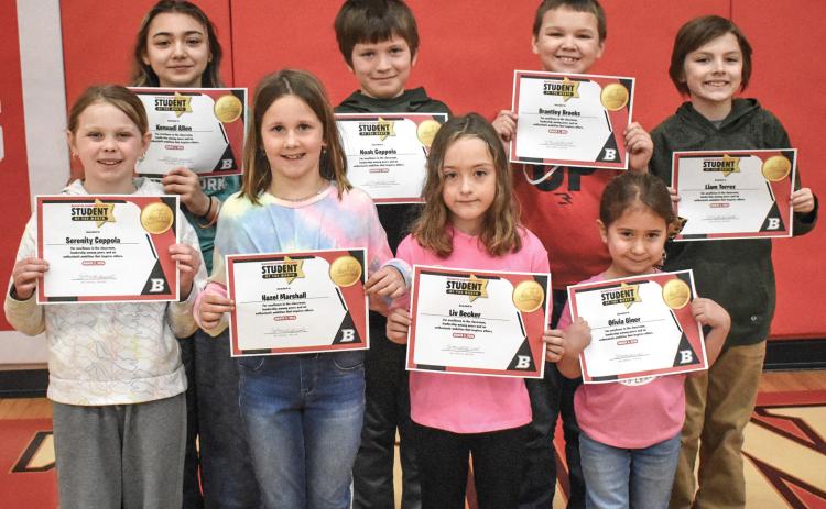 BES Students of the Month for February are Serenity Coppola, Kennadi Allen, Hazel Marshall, Noah Coppola, Liv Becker, Brantley Brooks, Olivia Giner and Liam Torrez. Not pictured: Madison Blades.