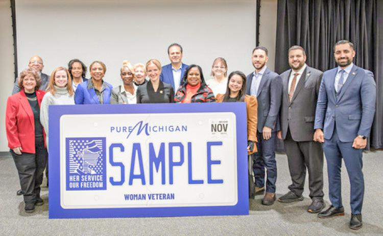 Secretary Benson joined leaders and lawmakers, including Senator Sylvia Santana (D-Detroit), Lolita Tucker, Michigan’s Disabled American Veterans state commander, and Dearborn Mayor Abdullah Hammoud, for the unveiling of the Michigan woman veteran license plate.