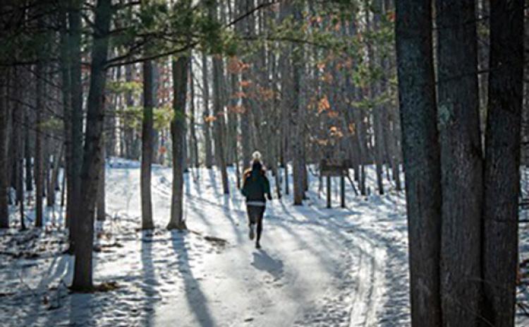 A runner makes her way up a snowy hill on the VASA Pathway on the east side of Traverse City in Grand Traverse County.