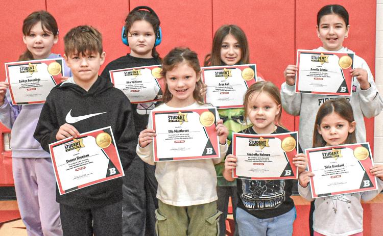 BES Students of the Month are: Zaidyn Beveridge, Conner Sheehan, Aila Williams, Ella Matthews, Arya Hall, Isabella Holmes, Amelia Griffin and Tillie Gaudard. Not pictured is Eli Kassabian.