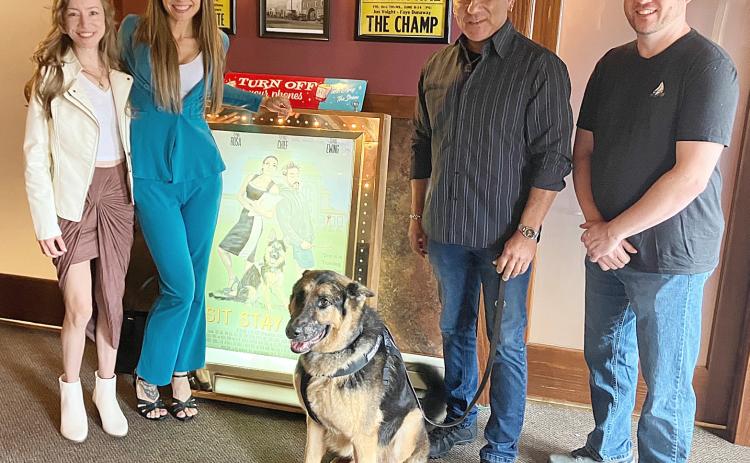 Actors Amy Stecker and Rynn Rosa pose with Little Chief, Producer/Animal Wrangler Joaquin Guerrero and Producer Taylor Gradowski in the lobby of the Gem Theater in Beaverton Saturday prior to a showing of their new movie “Sit Stay Heal.”