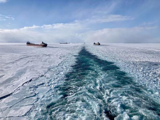Ships iced in at Whitefish Bay on Lake Superior in March 2022. PHOTO PROVIDED BY LAKE CARRIERS’ ASSOCIATION