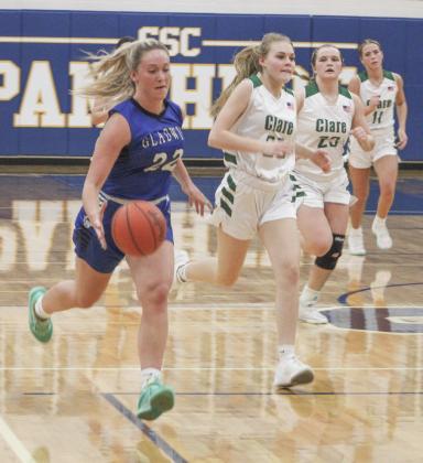 Gladwin’s Lizzie Haines beats the Clare defense down the court during last Wednesday night’s Division 2 district semifinal at Standish.