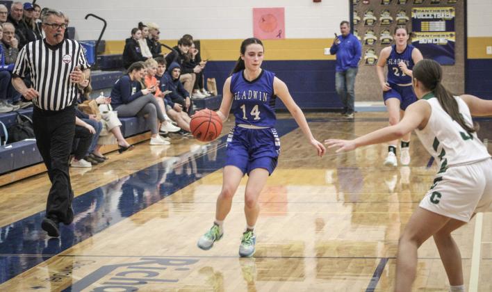 Gladwin’s Abby Robinson runs into a roadblock on the way to the hoop during last Wednesday night’s loss to Clare in the Division 2 district semifinals at Standish.