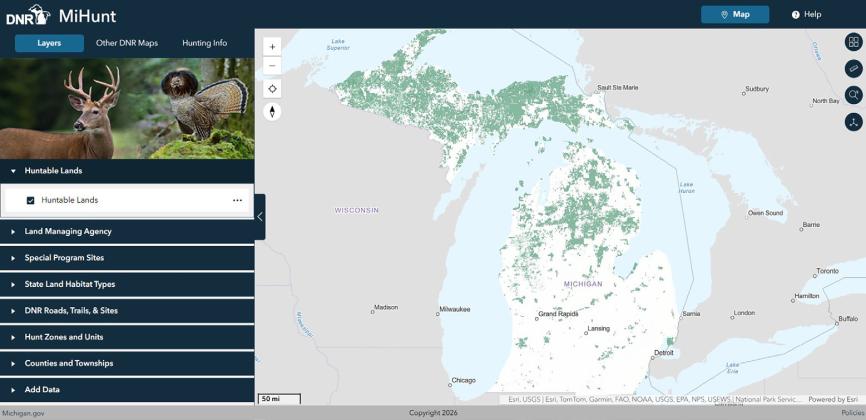A screenshot of the new MiHunt map showing initial layer of huntable lands on desktop.