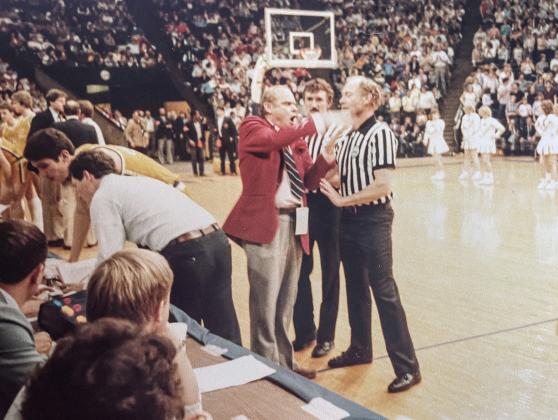 Ann Arbor’s Crisler Arena hosted the Final Four in 1984, along with this debate between Beaverton coach Roy Johnston and the officials during the semifinals.