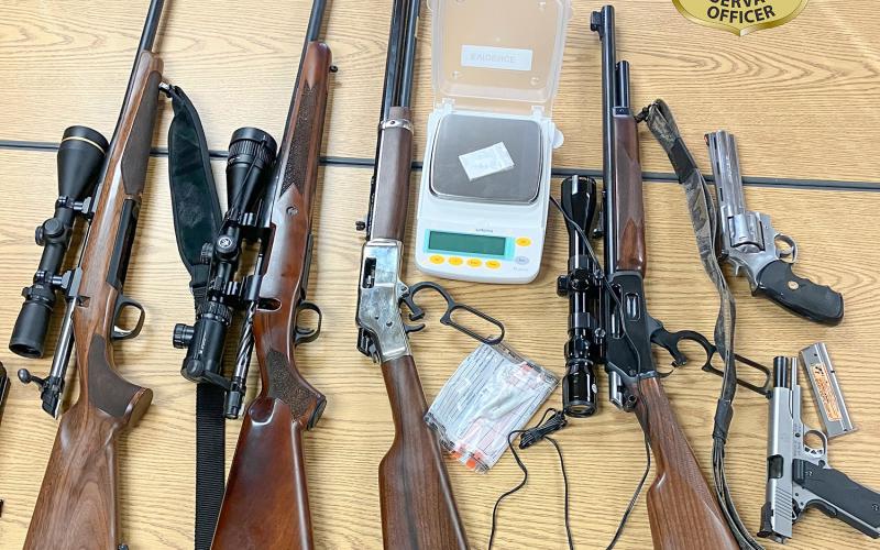 Michigan DNR conservation officers seized 2 grams of cocaine, two pistols and four rifles, from three Oakland County men in two separate vehicles, located north of Atlanta, on Nov. 15.