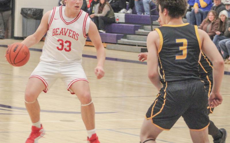 Landon Love gets ready to make a move toward the basket during last week’s district semifinal victory over Evart at Farwell.