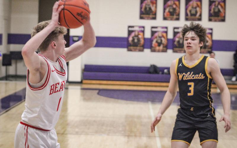 Jack Blades surveys the scene looking for an open teammate during last week’s victory over Evart in the Division 3 district at Farwell.