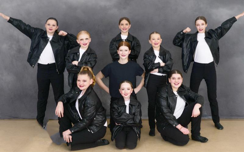 Junior Musical Theater Team, choreographed by Kassidee Roggow, received a diamond and fourth overall. Pictured left to right, back row: Ashlyn Muma, HadLee Harris, Molly Hubble, Laylin Brubaker, Brielle Graveline; middle row: Taylor Frye; front row: Paitynn Fishel, Evelyn Harrison, and Samantha Edick.
