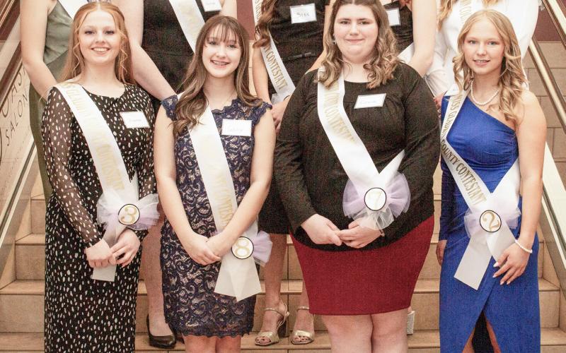 MIss Gladwin County contestants gather for a group photo at the gala on Saturday. In the back row, left to right: Darby McKimmy, Mallory Crandall, Bree Visser, Ava Nickel, Brin Beebe; front row: Shannon Graham, Gabby Mathews, Grace Hoag, and Jewelia Anderson.