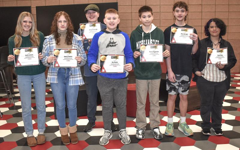February’s BJSHS Students of the Month pictured from left to right include: Harlie Lamson, Audrey Andrist, Brady Armstrong, Ace Carter, Reese Roggentine, Riley Sprague and Eluna King. Not pictured is Grant Willsie and Dominick Schatten.