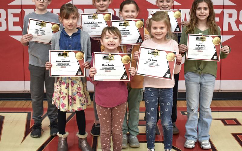 BES Students of the Month for February pictured from left to right are: Logan Gilmore, Bristol Woodcraft, Issabella Collamer- Rowe, Ellison Gasche, Rylee Garvie, Lily Torrez, Jaxon Witek, and Paige Wicke. Not pictured is Braxton Coggins.