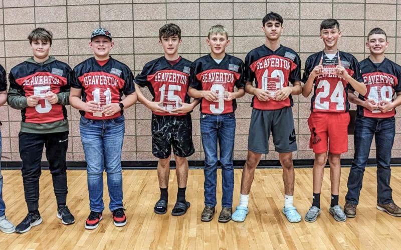Six year Award Winners, dedicating all years 3rd-8th with BYFL. Pictured left to right are: Cameron Oard, Tristan Olson, Ace Carter, Ty Wicke, Dalton Dull, Aidan Elkholy, Jace Mishler, Easton Hess, and Reese Roggentine.
