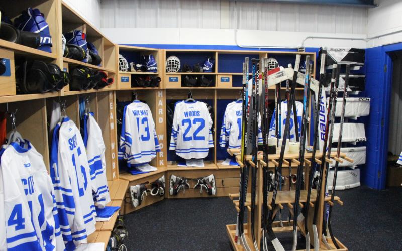 Pictured is the new locker room at the Gladwin Community Arena. Inset photo , left to right are: Jake Wyrembelski, Jim Cook, and Al von Matt.