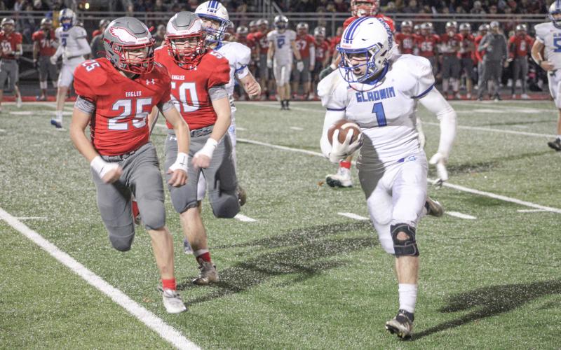 Gladwin’s Donald “Trace” Corlew III finds some running room during last fall’s loss at Frankenmuth in the Division 5 regional finals. The First Team All-State honoree will continue his football career at SVSU.