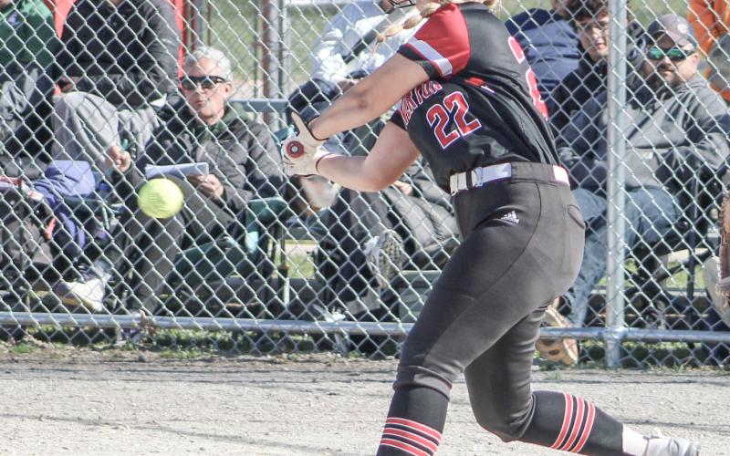 Beaverton’s Brooke Remer puts the bat on the ball during Thursday’s doubleheader against visiting Pinconning.