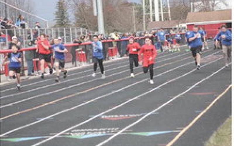 The boys are off and running in the 70 meter dash at Friday’s junior high meet at Beaverton.