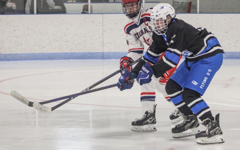Gladwin’s Clay Newman battles for the puck during Saturday’s 6-5 victory over the Genesee Generals.