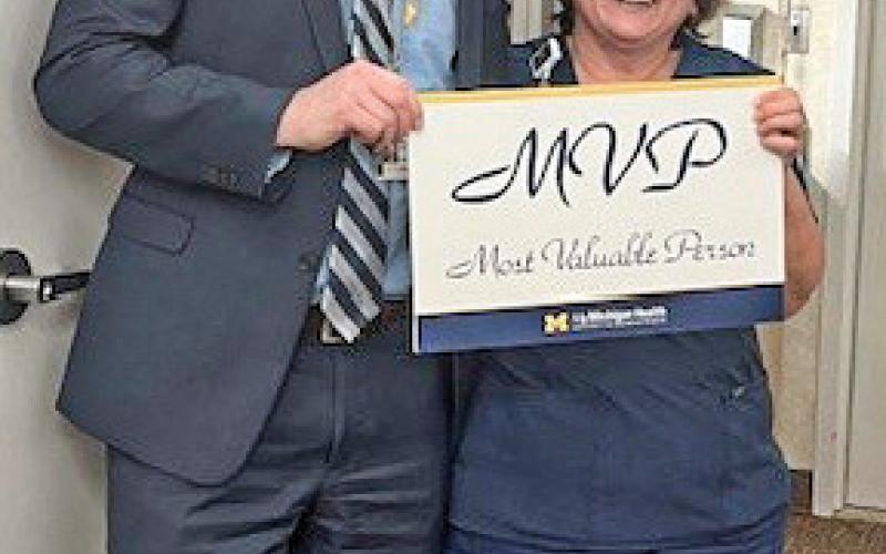 Joan Vogel, R.N., medical/ surgical and outpatient infusion nurse at MyMichigan Medical Center Gladwin, was named the 2023 most valuable person (MVP) for the Medical Center. Vogel has been a member of the MyMichigan family since 1985. Vogel received the award in a surprise presentation where she was joined by her 12 siblings from across the United States, as well as two children and two grandchildren.