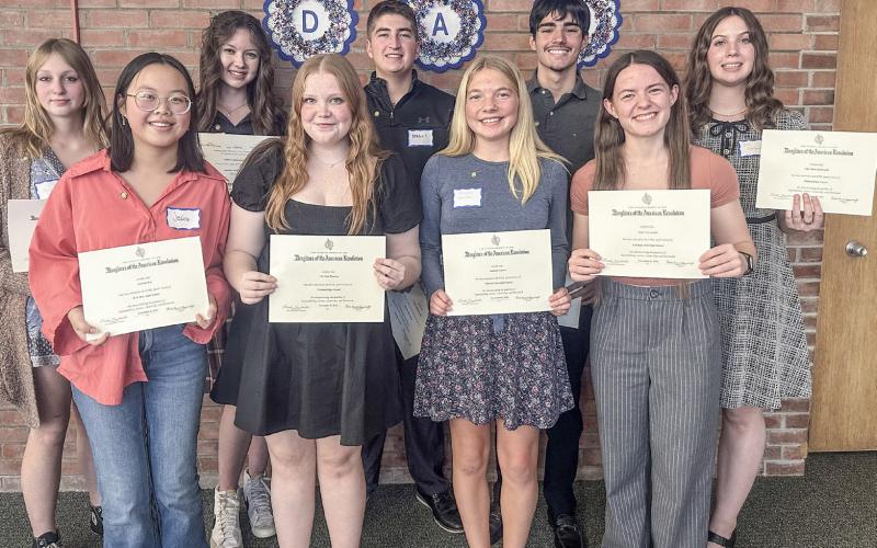 DAR Good Citizens pictured in front, left to right: Jessica Chai, Lily Winslow, Autumn Fransen, Kapre Lynch. In back left to right: Julia Lovett, Abigail Chapman, Brayden Dee, David Abreu, Ella Karbowski. Absent is Tyler Heal.