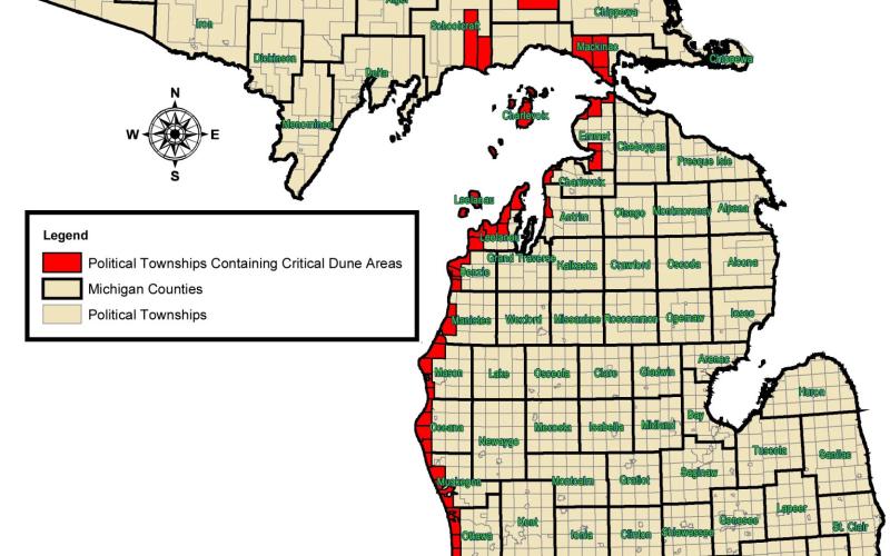 Dark highlighted areas on this map indicate Michigan townships that contain critical dunes. DEPARTMENT OF ENVIRONMENT, GREAT LAKES, AND ENERGY