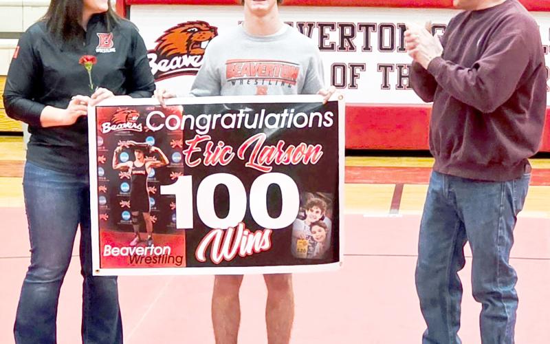 Defending state champion Eli Roe (left) and state placer Eric Larson recorded the 100th victory of their Beaverton careers last week and both reached the finals in a tournament in Gaylord on Saturday.