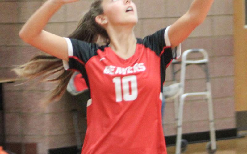 Beaverton’s Piper Carland gets ready to serve up an ace during a recent match. The Beavers split two matches last week.