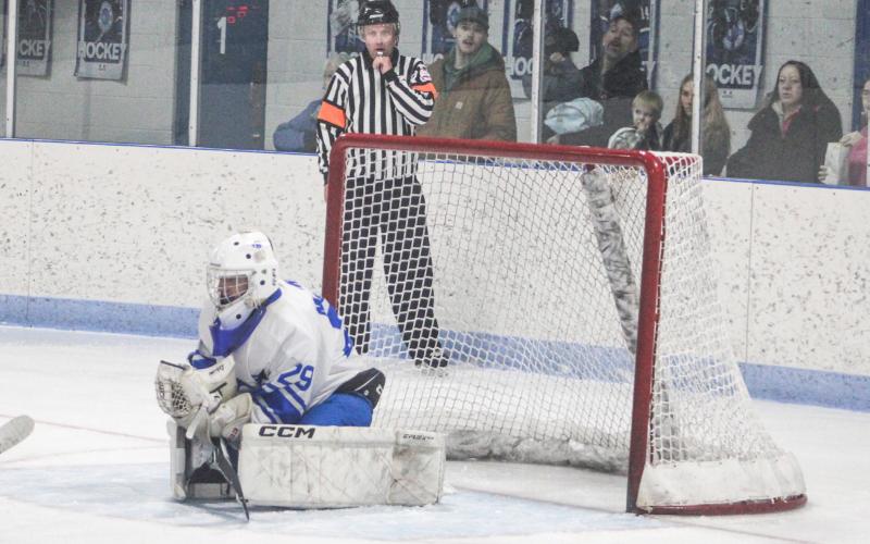 Jacob McKinney finished up in goal in relief of starter Preston Willert with a save and then got to celebrate on the ice with his teammates after Gladwin beat Manistique Saturday.