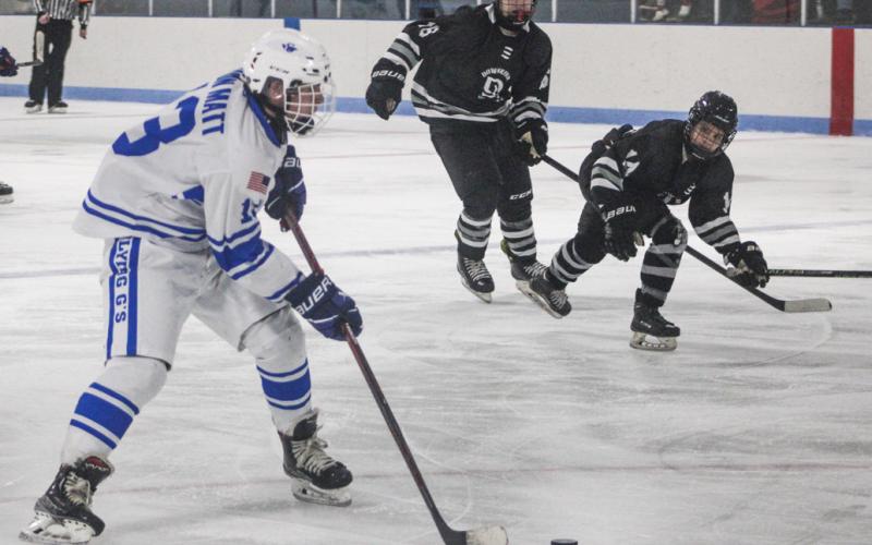 Gladwin’s Drew von Matt bears in on the Downriver United goal during last month’s victory.