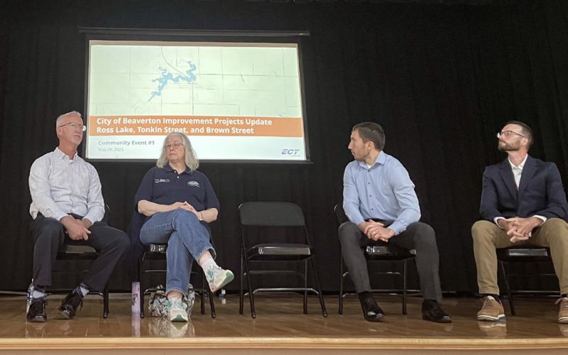 Panelists (left to right) Paul Haussler, Lucy Zeestraten, Joe Rybicki and Matt Lang took the stage at the Beaverton Activities Center last Wednesday to discuss a project to improve Ross Lake and the drains along Tonkin and Brown streets with a gathering of residents.