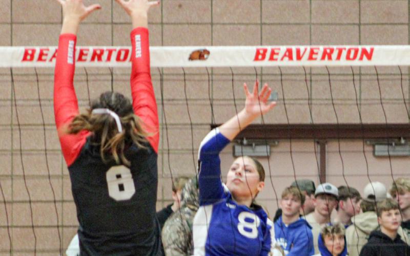 Gladwin’s Maddy Pagel and Beaverton’s Alivia Harrell battle it out at the net during last Wednesday night’s match.