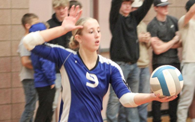 Gladwin’s Chloe Mausolf gets ready to serve one up in front of the cheering section last Wednesday night at Beaverton.