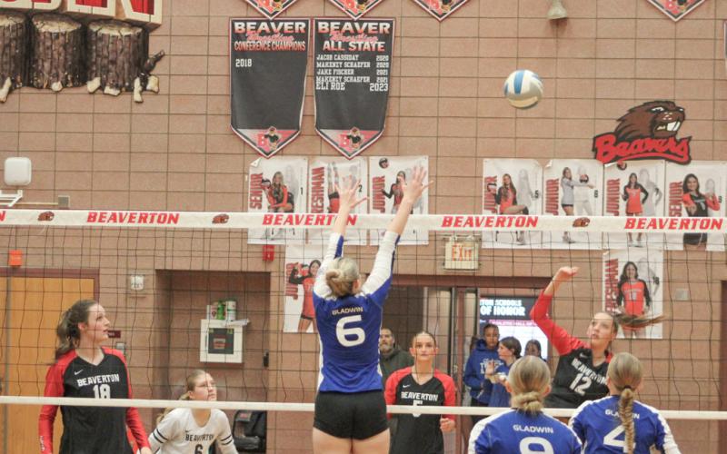 Beaverton’s Trinity Danielak sends one back across the net around Gladwin blocker Adree Ritchie last Wednesday night.