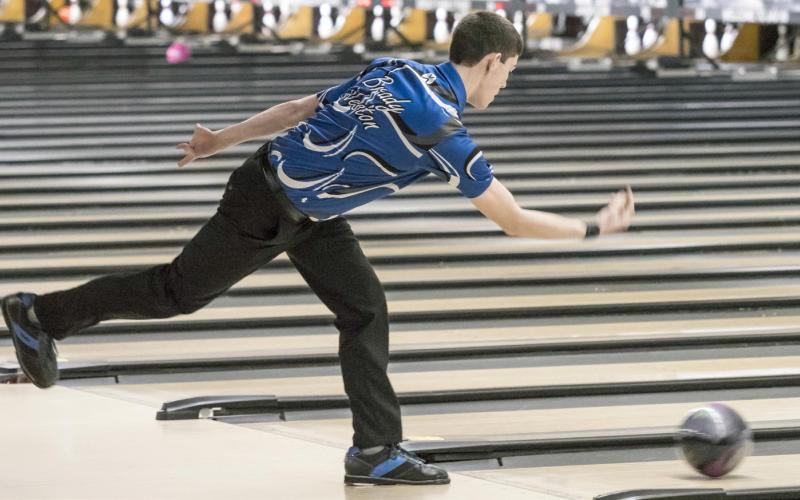 Gladwin High School Boys Bowling Team member Brady Weston, 11, bowled a 267, 11 strikes out of a possible 12, in the six game qualifier block. The Michigan High School Athletic Association Division 3 State Finals was held in Jackson, Michigan, on March 3, 2023. PHOTO BY LEON LANGRIDGE