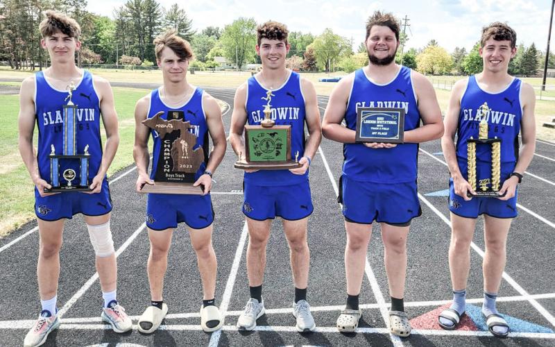 State qualifying boys standing tall with the trophies they’ve collected throughout the season. From left to right Erik Roggow, Earl Esiline, Nick Wheeler, Logan Klein, Caleb Palmreuter.