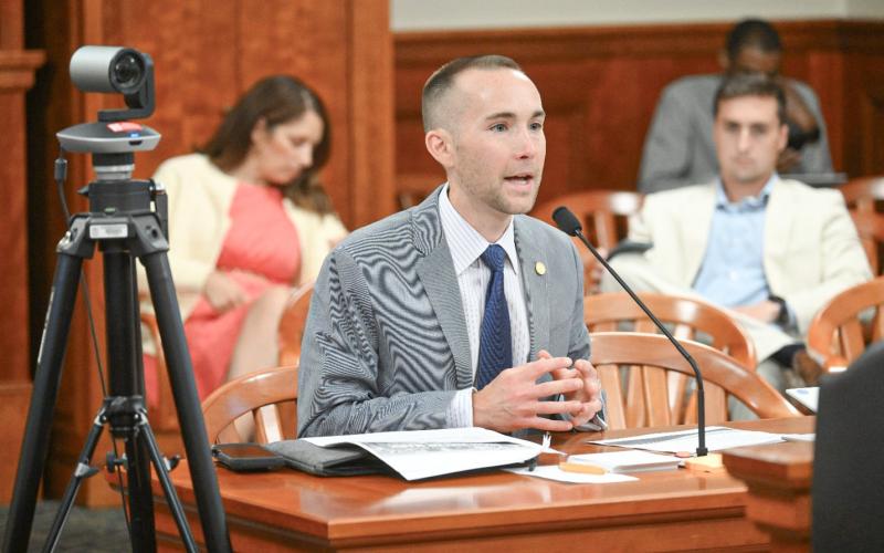 State Representative Bill G. Schuette testifies before the House Appropriations Subcommittee on Labor and Economic Opportunity on Thursday, July 24.