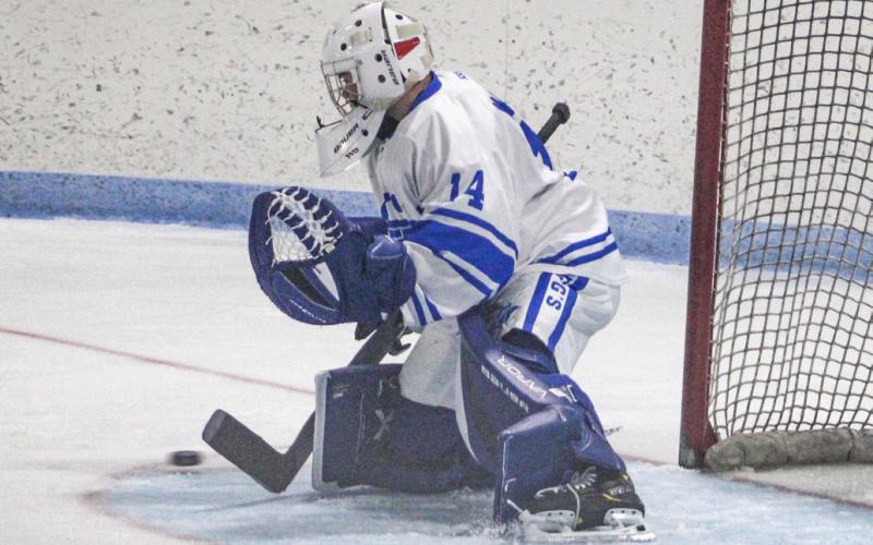 Gladwin goalie Preston Willert was a brick wall in a 1-0 shutout of L’Anse Creuse North Saturday at the Mount Pleasant Showcase.