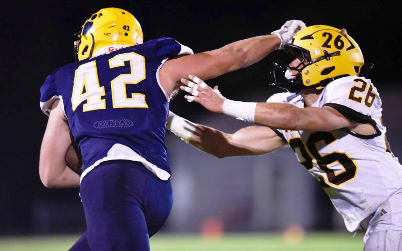 Standish-Sterling’s Rylee Blanchard employs the stiff arm to ward off Ogemaw Heights tackler Lane Winter during the Falcons shutout victory Friday night.